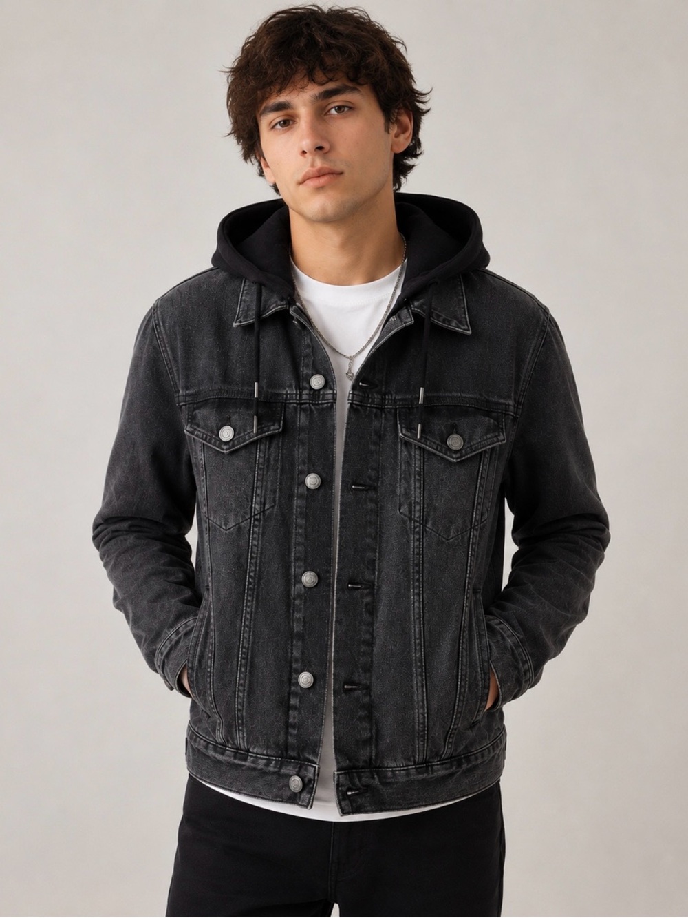 American Eagle Hooded Denim Jacket Black Wash Trucker Jacket Men’s Medium